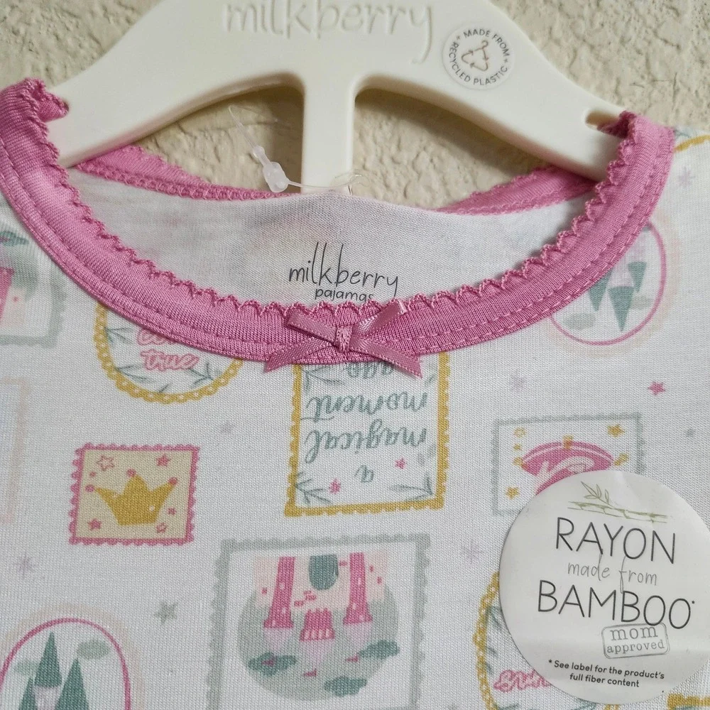 NEW Milkberry Bamboo Size 24M Princess Pajama Set Pink White Long‎ Sleeve